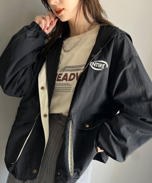 classicalelf ブルゾン アウター メンズライクなのに可愛く決まる。裏フリース胸刺繍配色トレーニングフード付きブルゾン レディース - 画像 (3)