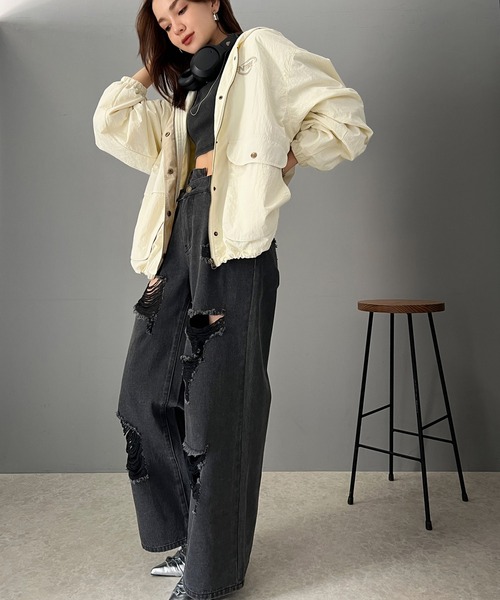 classicalelf ブルゾン アウター メンズライクなのに可愛く決まる。裏フリース胸刺繍配色トレーニングフード付きブルゾン レディース - 画像 (7)