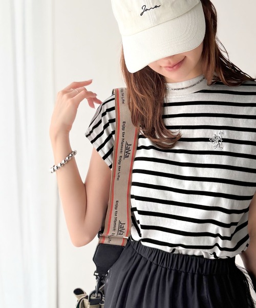 classicalelf tシャツ 「NEWカラーが追加!」大人女子の上品ベーシック。綿100%シルケットモックネックフレンチTシャツ(刺繍) レディース