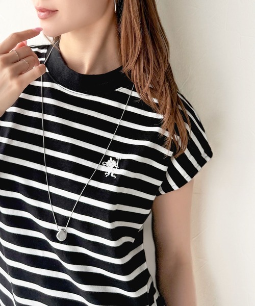 classicalelf tシャツ 「NEWカラーが追加!」大人女子の上品ベーシック。綿100%シルケットモックネックフレンチTシャツ(刺繍) レディース - 画像 (5)