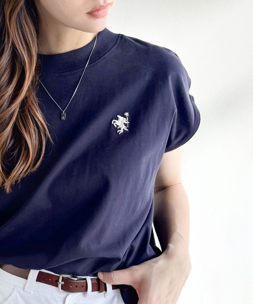 classicalelf tシャツ 「NEWカラーが追加!」大人女子の上品ベーシック。綿100%シルケットモックネックフレンチTシャツ(刺繍) レディース - 画像 (8)