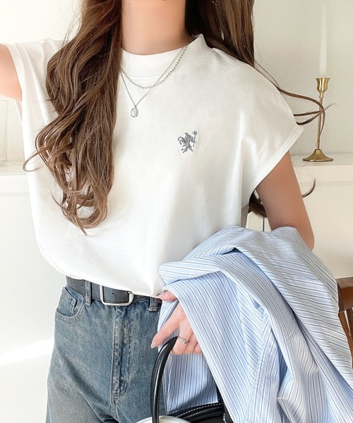 classicalelf tシャツ 「NEWカラーが追加!」大人女子の上品ベーシック。綿100%シルケットモックネックフレンチTシャツ(刺繍) レディース - 画像 (2)