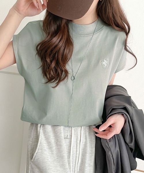 classicalelf tシャツ 「NEWカラーが追加!」大人女子の上品ベーシック。綿100%シルケットモックネックフレンチTシャツ(刺繍) レディース - 画像 (7)