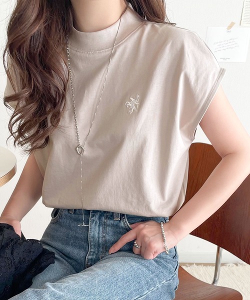 classicalelf tシャツ 「NEWカラーが追加!」大人女子の上品ベーシック。綿100%シルケットモックネックフレンチTシャツ(刺繍) レディース - 画像 (6)