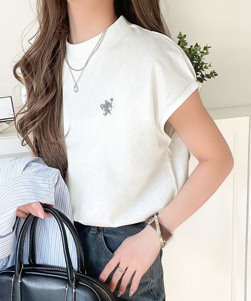 classicalelf tシャツ 「NEWカラーが追加!」大人女子の上品ベーシック。綿100%シルケットモックネックフレンチTシャツ(刺繍) レディース - 画像 (9)