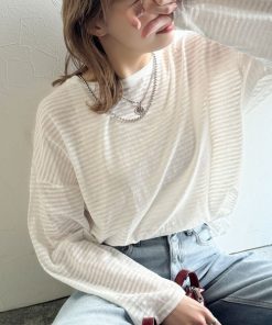 classicalelf tシャツ 大人のラフスタイルを叶える。ビッグシルエットスラブシアーボーダートップス(長袖) 紫外線・日焼け対策/冷房対策 レディース