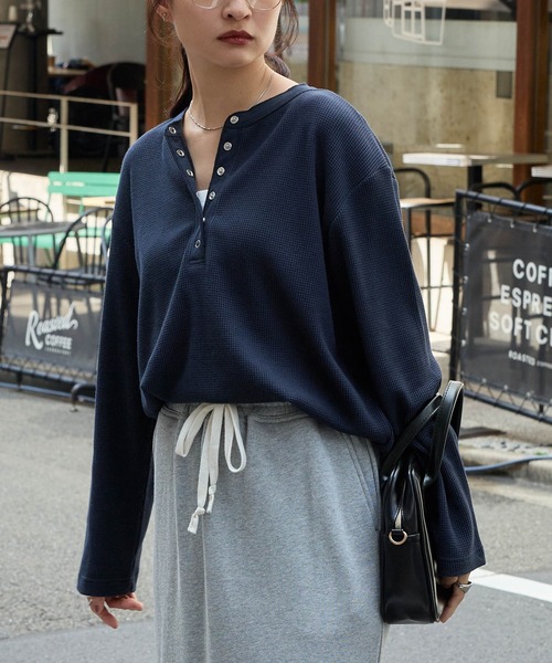 MONO-MART tシャツ 「抗菌防臭」 ソフトワッフル ヘンリーネック ラウンドヘム プルオーバー レディース - 画像 (6)