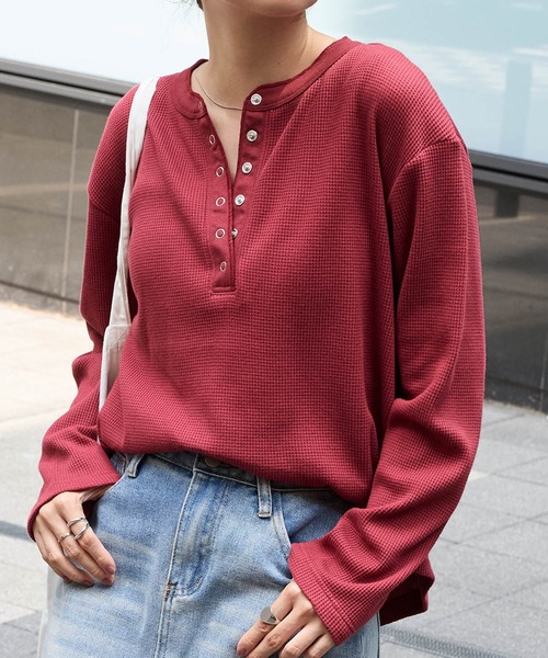 MONO-MART tシャツ 「抗菌防臭」 ソフトワッフル ヘンリーネック ラウンドヘム プルオーバー レディース - 画像 (7)