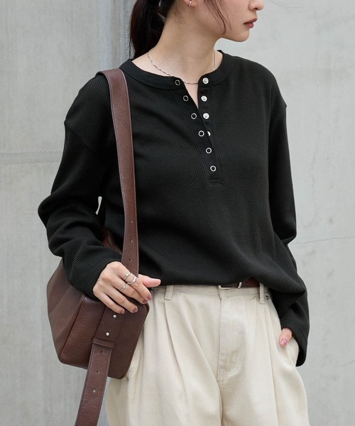 MONO-MART tシャツ 「抗菌防臭」 ソフトワッフル ヘンリーネック ラウンドヘム プルオーバー レディース