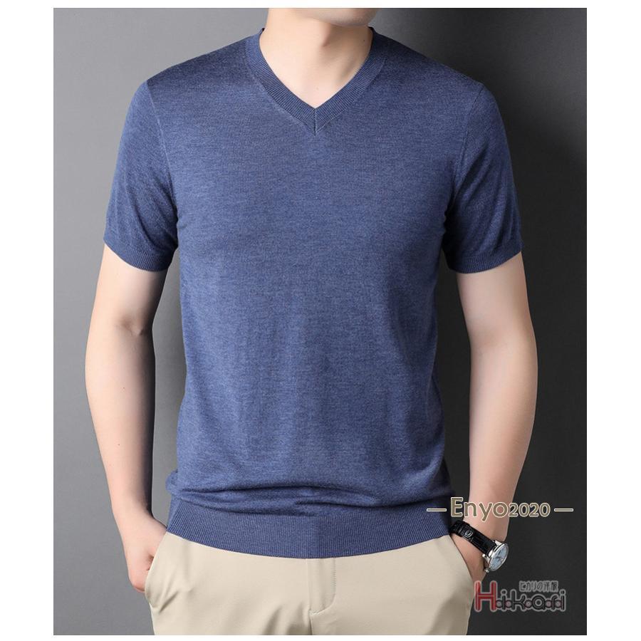 サマーニット メンズ Vネック ニット 半袖ニット サマーセーター ニットTシャツ 無地 半そで 紳士服 ゴルフウェア 細身 - 画像 (3)