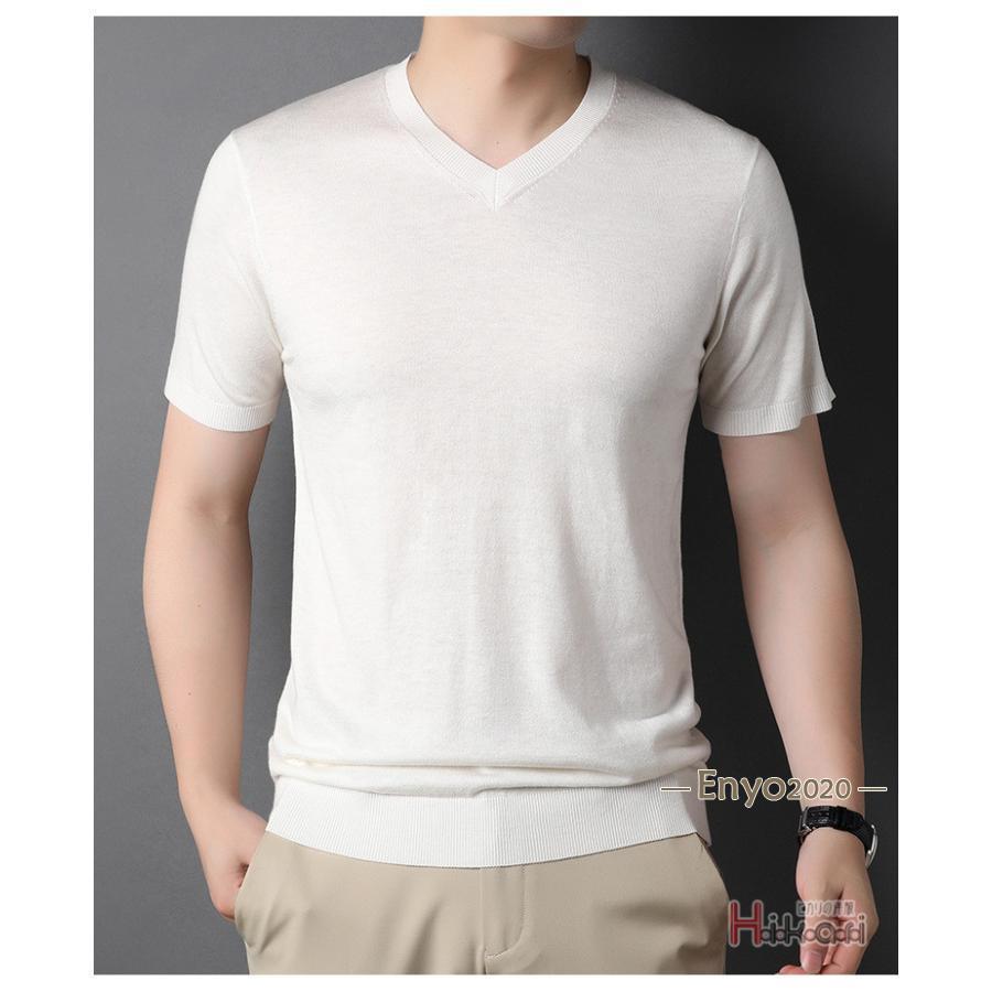 サマーニット メンズ Vネック ニット 半袖ニット サマーセーター ニットTシャツ 無地 半そで 紳士服 ゴルフウェア 細身 - 画像 (6)