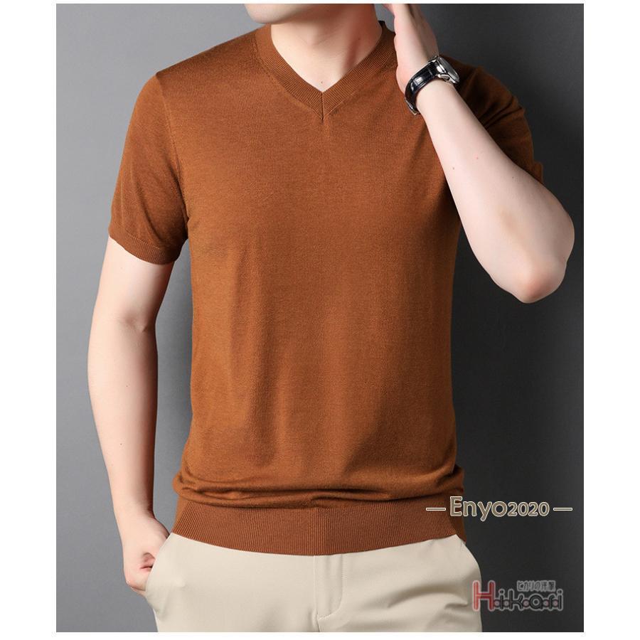 サマーニット メンズ Vネック ニット 半袖ニット サマーセーター ニットTシャツ 無地 半そで 紳士服 ゴルフウェア 細身 - 画像 (8)