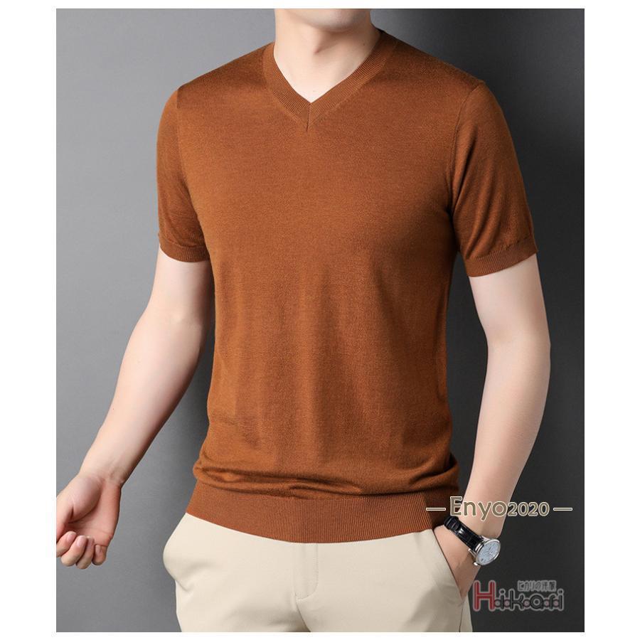 サマーニット メンズ Vネック ニット 半袖ニット サマーセーター ニットTシャツ 無地 半そで 紳士服 ゴルフウェア 細身 - 画像 (9)