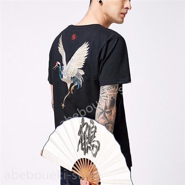 Tシャツ メンズ 半袖 夏服 プルオーバー トップス カジュアル ゆったり 和風 和柄 お兄系 刺繍 鶴 おしゃれ アウトドア 父の日 プレゼント - 画像 (3)