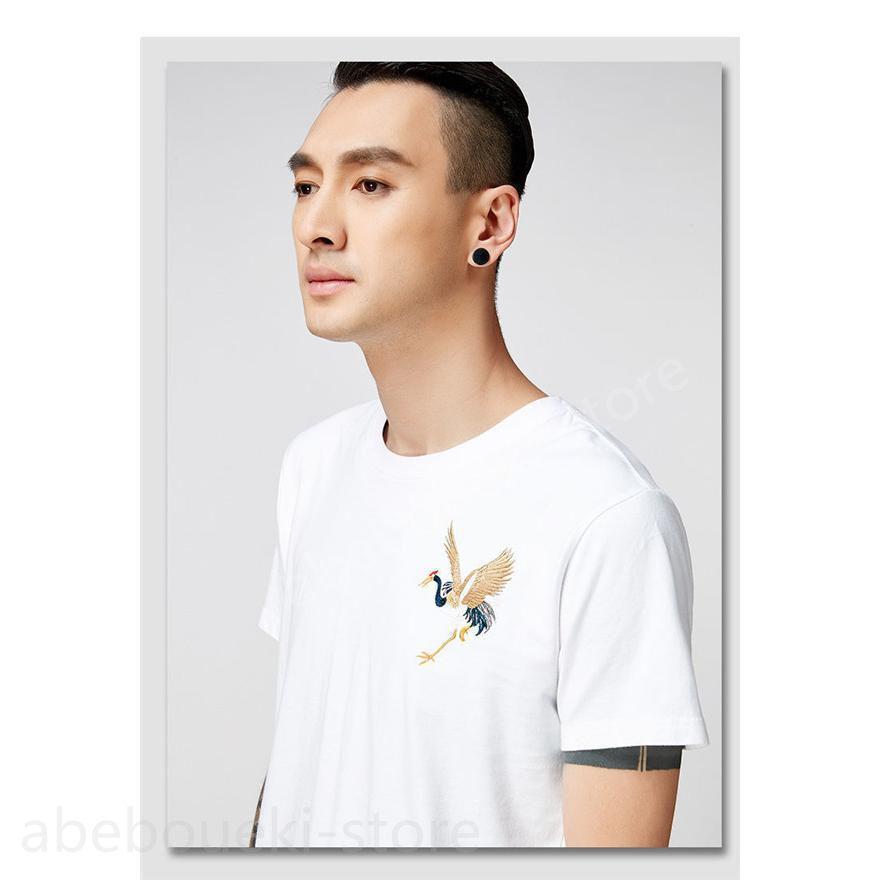 Tシャツ メンズ 半袖 夏服 プルオーバー トップス カジュアル ゆったり 和風 和柄 お兄系 刺繍 鶴 おしゃれ アウトドア 父の日 プレゼント - 画像 (4)