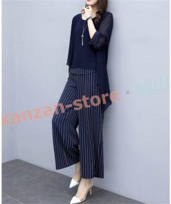 セットアップ レディース パンツドレス パンツスーツ シフォン 袖あり 春夏 ストライプ 女の子 結婚式 二次会 卒業式 卒園式 ガウチョパンツ
