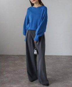 ボンジュールサガン BONJOUR SAGAN 前後2WAYボリュームスリーブ裾タック静電気防止ニット (BLUE)