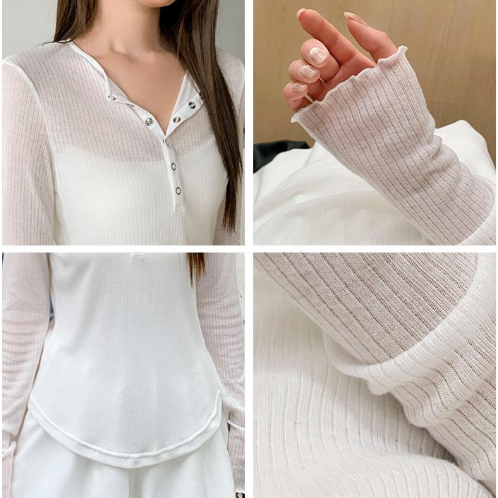 Dark Angel ヘンリーネックシアートップス レディース 長袖 透け感 ワイドリブ カットソー インナー プルオーバー ロングT 体型カバー 楽ちん シンプル カジュアル 春 夏 - 画像 (3)