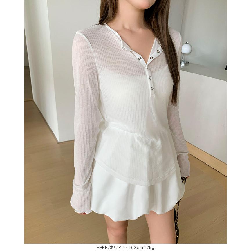 Dark Angel ヘンリーネックシアートップス レディース 長袖 透け感 ワイドリブ カットソー インナー プルオーバー ロングT 体型カバー 楽ちん シンプル カジュアル 春 夏 - 画像 (8)