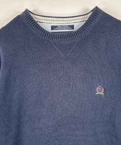 USA古着 トミーヒルフィガー TOMMY HILFIGER 長袖 ニット クルーネック ワンポイント 刺繍 セーター コットン XL ネイビー 無地 メンズ