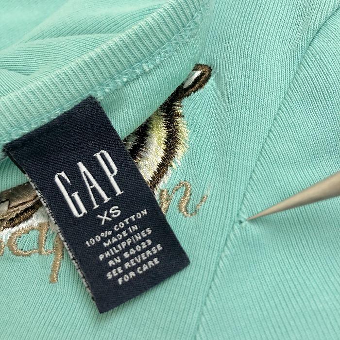 GAP ギャップ XS レディース Tシャツ リブカットソー アニマル 動物 刺繍 タイガー 虎 トラ ストレッチ 丸首 半袖 綿100% グリーン系 青緑 - 画像 (2)