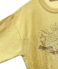 ベイヒル クラシック ニット セーター ダイヤチェック×シェブロン×ケーブル 刺繍 長袖 丸首 ニューウール100% M イエロー 黄 メンズ