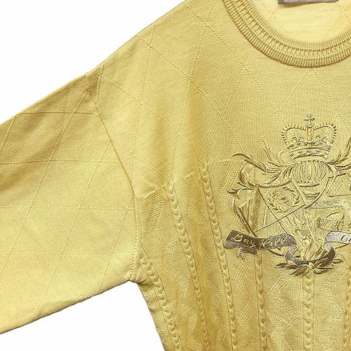 ベイヒル クラシック ニット セーター ダイヤチェック×シェブロン×ケーブル 刺繍 長袖 丸首 ニューウール100% M イエロー 黄 メンズ