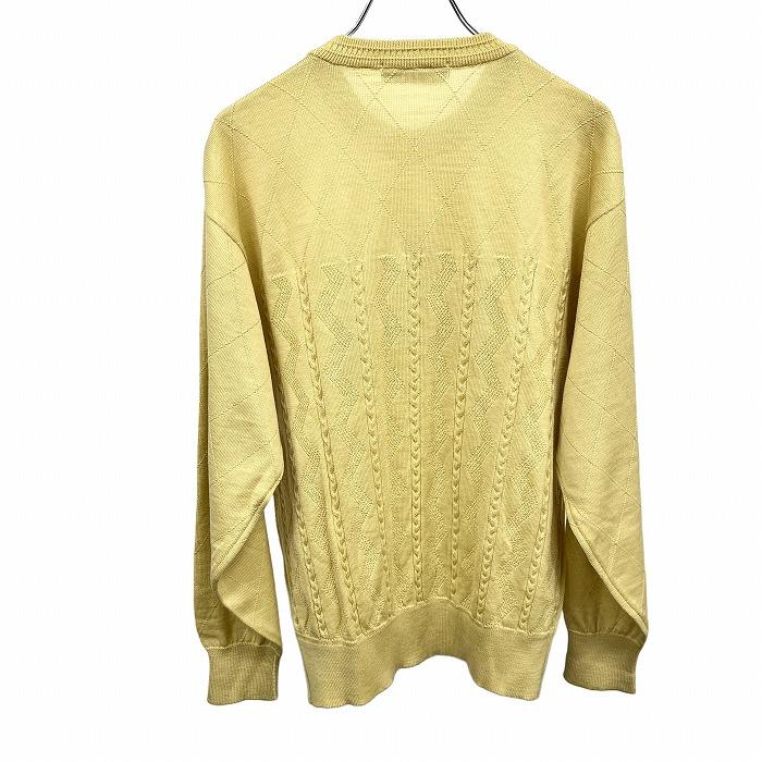 ベイヒル クラシック ニット セーター ダイヤチェック×シェブロン×ケーブル 刺繍 長袖 丸首 ニューウール100% M イエロー 黄 メンズ - 画像 (2)