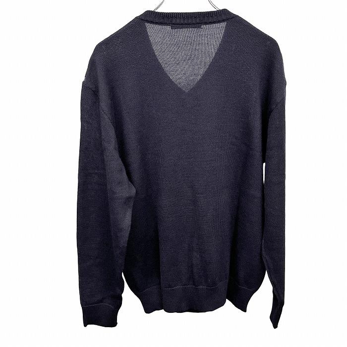 Golden Bear ゴールデンベア セーター ラダー柄 Vネック クマの刺繍 長袖 日本製 毛×アクリル M ダークネイビー 濃紺×緑×紺×黄 メンズ