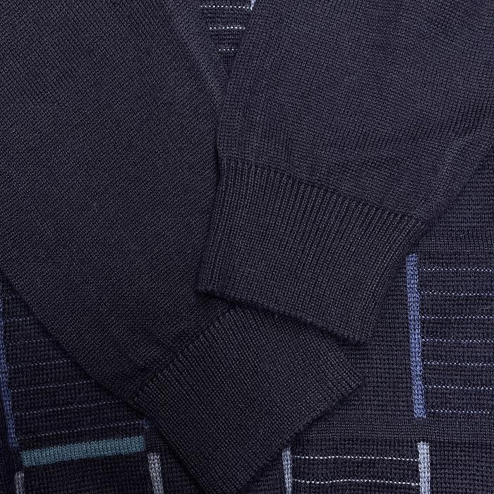 Golden Bear ゴールデンベア セーター ラダー柄 Vネック クマの刺繍 長袖 日本製 毛×アクリル M ダークネイビー 濃紺×緑×紺×黄 メンズ - 画像 (2)
