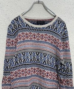 RW&CO. レーヨン混紡 ニット セーター XS オフホワイト ブルー レッド 総柄 クルーネック 古着卸 アメリカ仕入 a603-5719