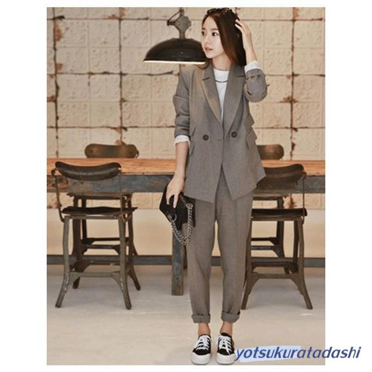 レディース スーツセット 2点セット パンツスーツ ビジネススーツ 女性 春秋新作 テーラード 大きいサイズ 韓国風 着痩せ 体型カバー 大人かわいい - 画像 (7)