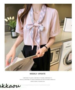 ブラウス レディース 40代 春夏新作 オシャレブラウス 白シフォンシャツ レースリボンネックブラウス 半袖トップス 通勤OL ゆったり 大人上品 50代 シャツ30代