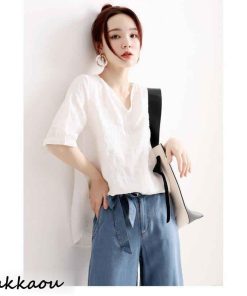 ブラウス レディース 40代 30代 50代 春夏新作 オシャレブラウス 白リネンシャツ 半袖トップス レース刺繍 vネックブラウス上品 大人 通勤OL ゆったりシャツ