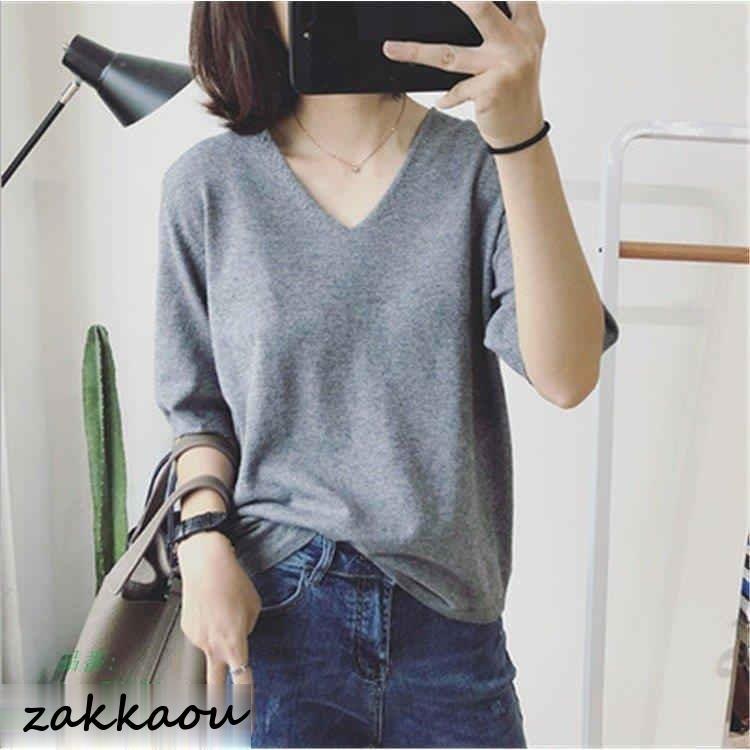 シャツ レディース サマーニット 夏 トップス コーデ シャツブラウス ブラウス 長袖 Tシャツ 体型カバー ニットソー Vネック 大きいサイズ 半袖 ニット 無地 春
