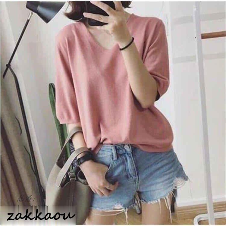 シャツ レディース サマーニット 夏 トップス コーデ シャツブラウス ブラウス 長袖 Tシャツ 体型カバー ニットソー Vネック 大きいサイズ 半袖 ニット 無地 春 - 画像 (2)