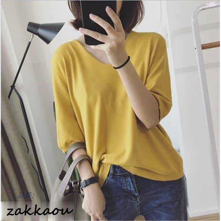 シャツ レディース サマーニット 夏 トップス コーデ シャツブラウス ブラウス 長袖 Tシャツ 体型カバー ニットソー Vネック 大きいサイズ 半袖 ニット 無地 春 - 画像 (3)