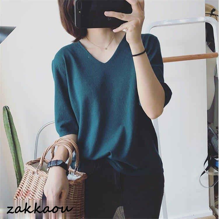 シャツ レディース サマーニット 夏 トップス コーデ シャツブラウス ブラウス 長袖 Tシャツ 体型カバー ニットソー Vネック 大きいサイズ 半袖 ニット 無地 春 - 画像 (5)