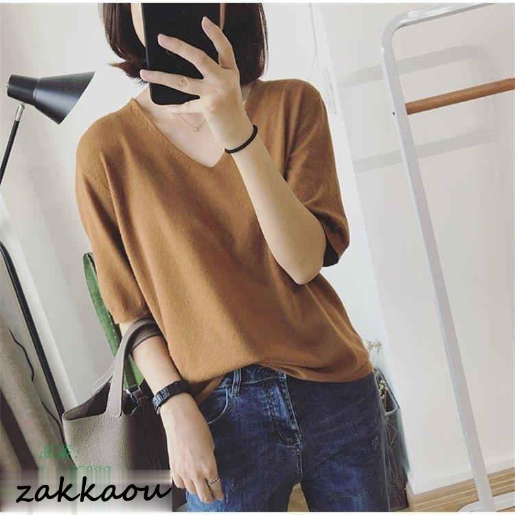 シャツ レディース サマーニット 夏 トップス コーデ シャツブラウス ブラウス 長袖 Tシャツ 体型カバー ニットソー Vネック 大きいサイズ 半袖 ニット 無地 春 - 画像 (6)