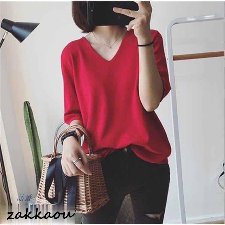 シャツ レディース サマーニット 夏 トップス コーデ シャツブラウス ブラウス 長袖 Tシャツ 体型カバー ニットソー Vネック 大きいサイズ 半袖 ニット 無地 春 - 画像 (7)