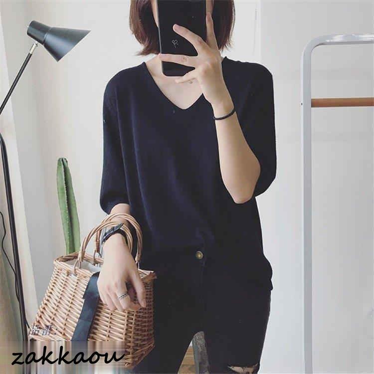 シャツ レディース サマーニット 夏 トップス コーデ シャツブラウス ブラウス 長袖 Tシャツ 体型カバー ニットソー Vネック 大きいサイズ 半袖 ニット 無地 春 - 画像 (8)